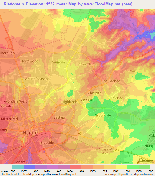 Rietfontein,Zimbabwe Elevation Map
