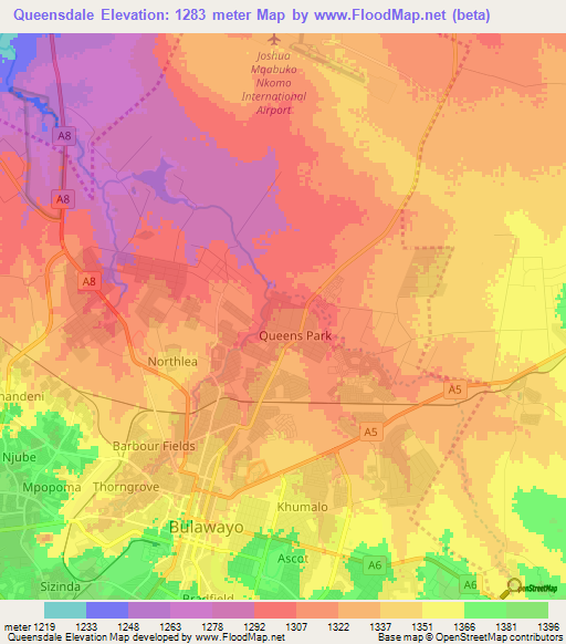 Queensdale,Zimbabwe Elevation Map