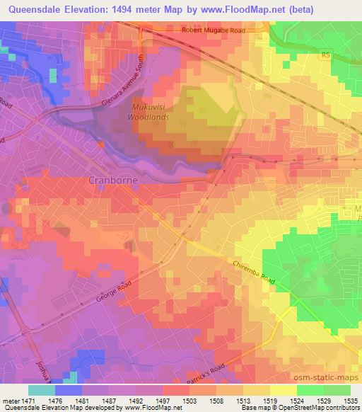 Queensdale,Zimbabwe Elevation Map