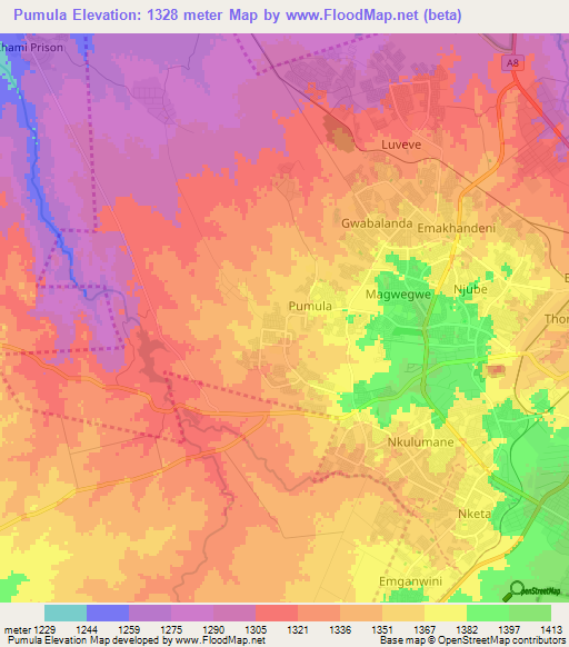 Pumula,Zimbabwe Elevation Map