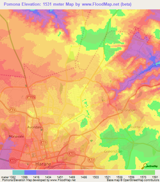 Pomona,Zimbabwe Elevation Map