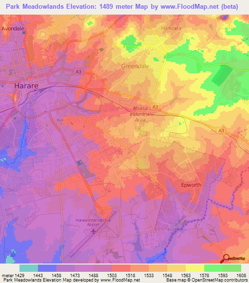 Park Meadowlands,Zimbabwe Elevation Map