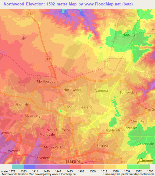 Northwood,Zimbabwe Elevation Map