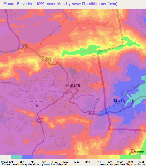 Mutare,Zimbabwe Elevation Map