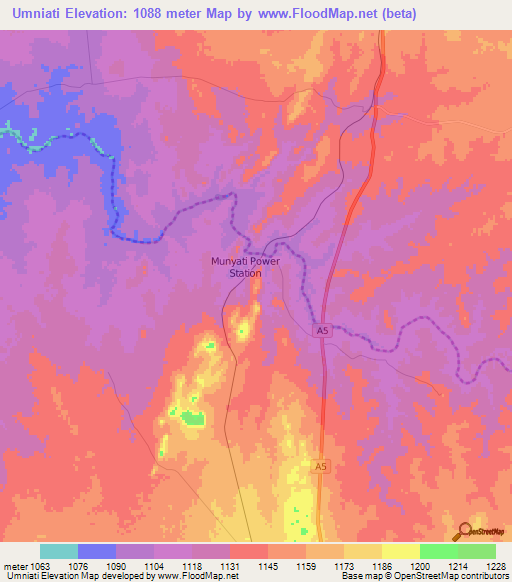 Umniati,Zimbabwe Elevation Map