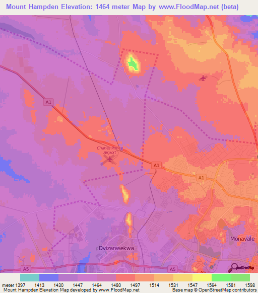 Mount Hampden,Zimbabwe Elevation Map