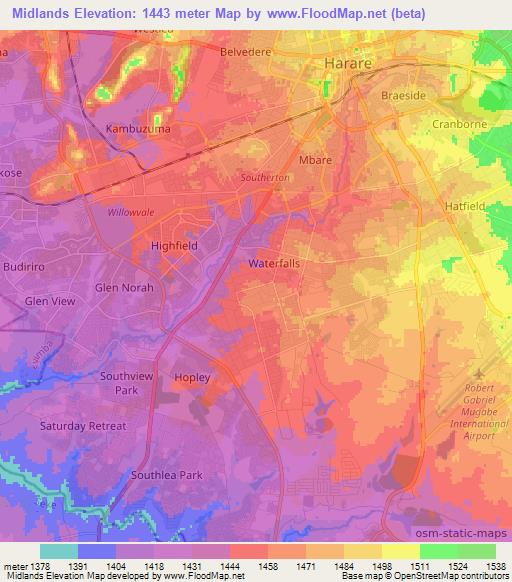 Midlands,Zimbabwe Elevation Map