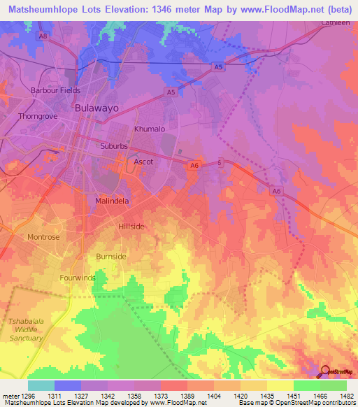 Matsheumhlope Lots,Zimbabwe Elevation Map
