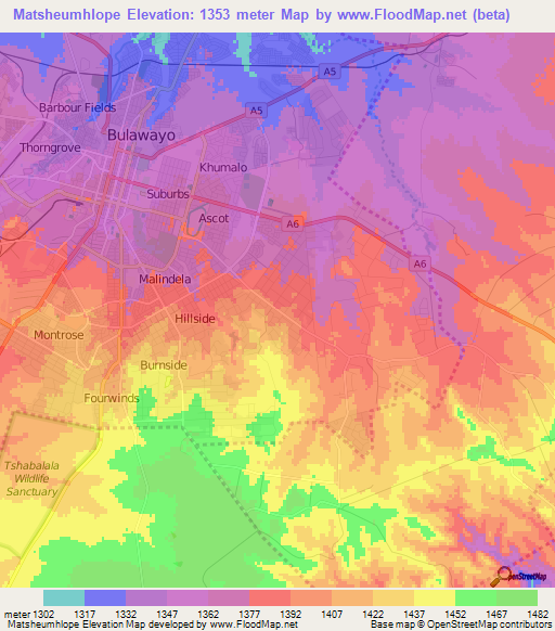 Matsheumhlope,Zimbabwe Elevation Map