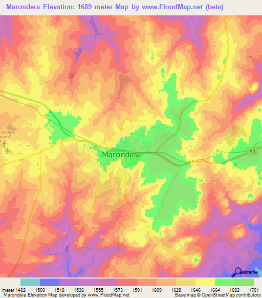 Marondera,Zimbabwe Elevation Map