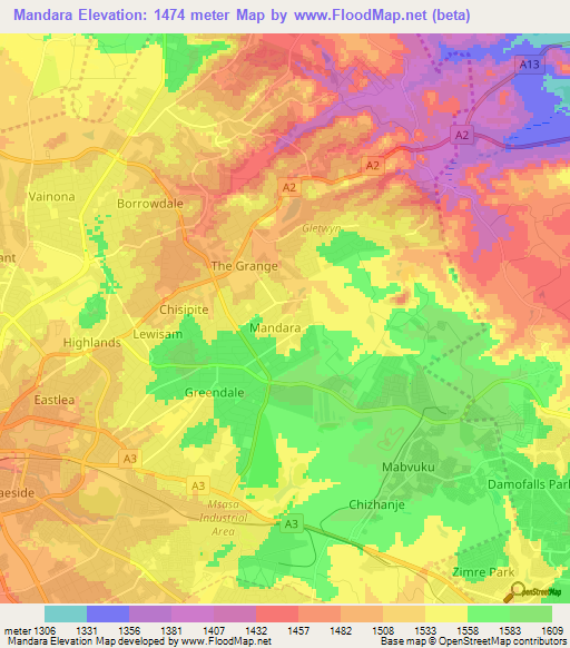 Mandara,Zimbabwe Elevation Map