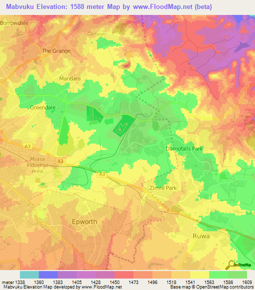 Mabvuku,Zimbabwe Elevation Map