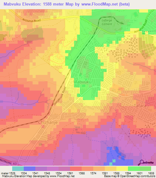 Mabvuku,Zimbabwe Elevation Map