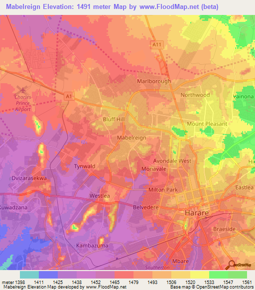 Mabelreign,Zimbabwe Elevation Map