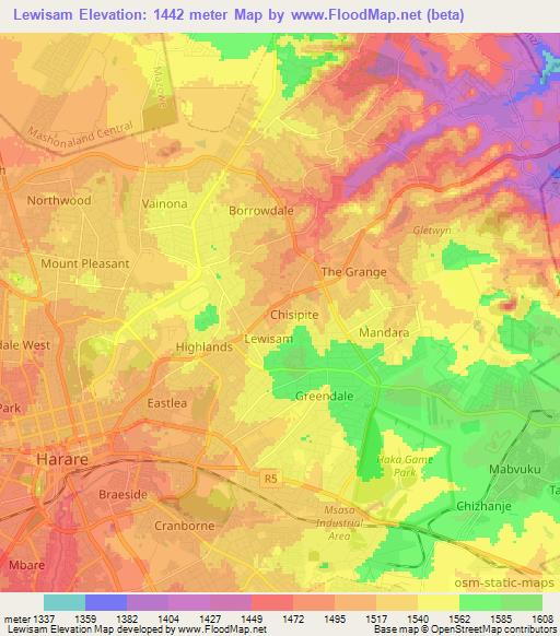 Lewisam,Zimbabwe Elevation Map