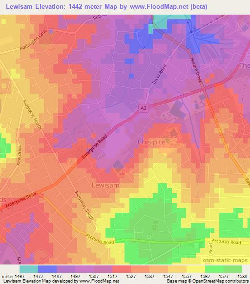 Lewisam,Zimbabwe Elevation Map