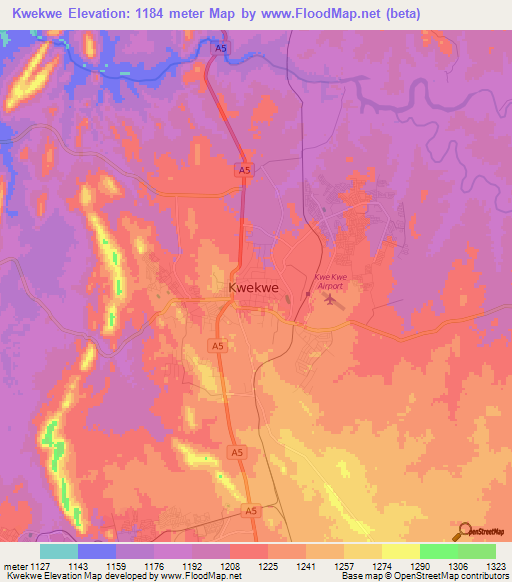 Kwekwe,Zimbabwe Elevation Map