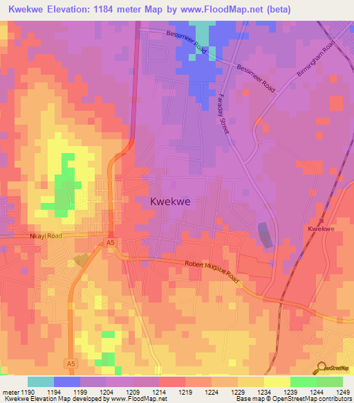 Kwekwe,Zimbabwe Elevation Map