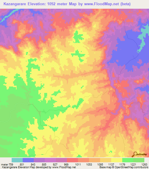 Kazangarare,Zimbabwe Elevation Map