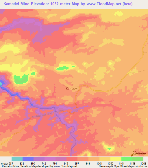 Kamativi Mine,Zimbabwe Elevation Map