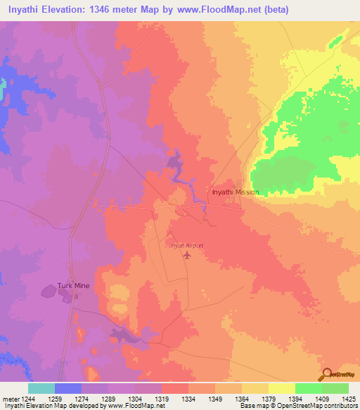 Inyathi,Zimbabwe Elevation Map