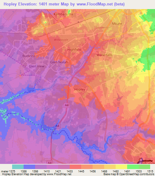 Hopley,Zimbabwe Elevation Map