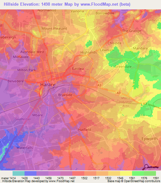 Hillside,Zimbabwe Elevation Map
