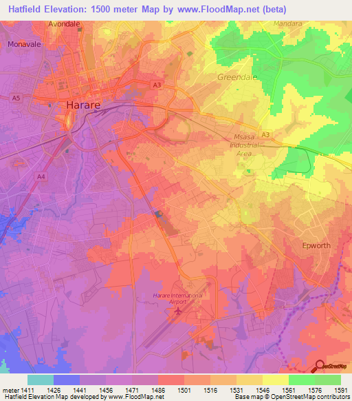 Hatfield,Zimbabwe Elevation Map