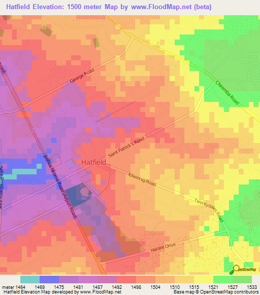 Hatfield,Zimbabwe Elevation Map