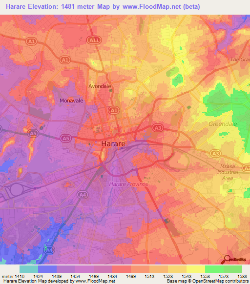 Harare,Zimbabwe Elevation Map