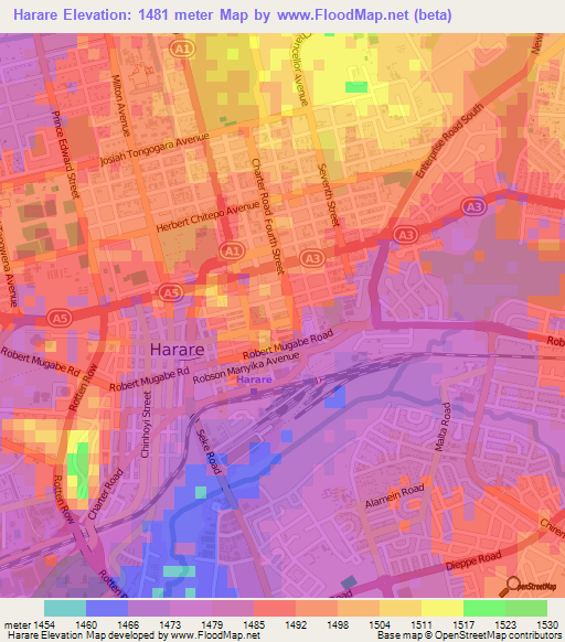 Harare,Zimbabwe Elevation Map