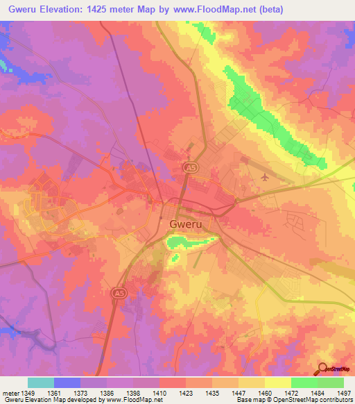 Gweru,Zimbabwe Elevation Map