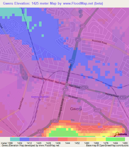 Gweru,Zimbabwe Elevation Map
