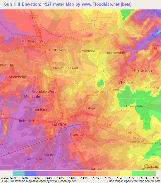 Gun Hill,Zimbabwe Elevation Map