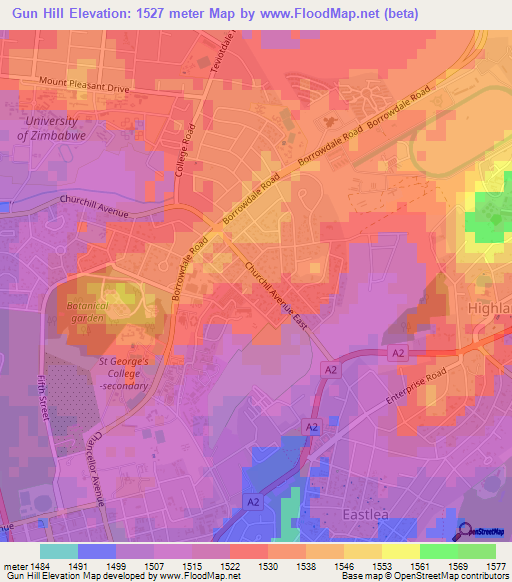 Gun Hill,Zimbabwe Elevation Map