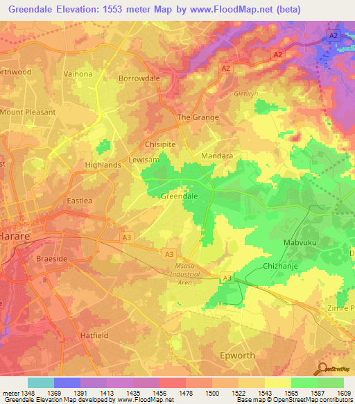 Greendale,Zimbabwe Elevation Map