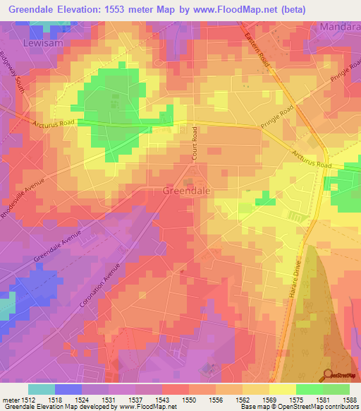 Greendale,Zimbabwe Elevation Map
