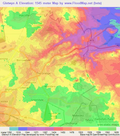 Gletwyn A,Zimbabwe Elevation Map