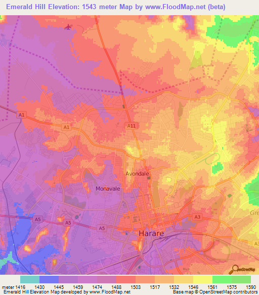 Emerald Hill,Zimbabwe Elevation Map