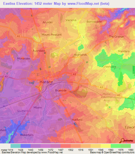 Eastlea,Zimbabwe Elevation Map