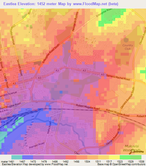 Eastlea,Zimbabwe Elevation Map