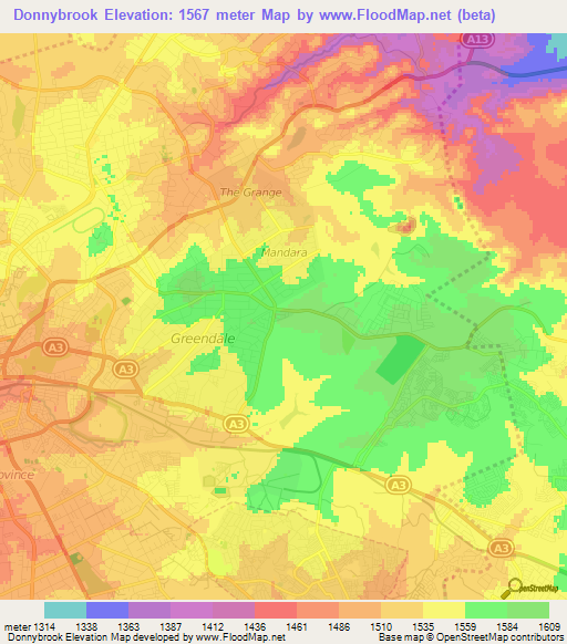 Donnybrook,Zimbabwe Elevation Map