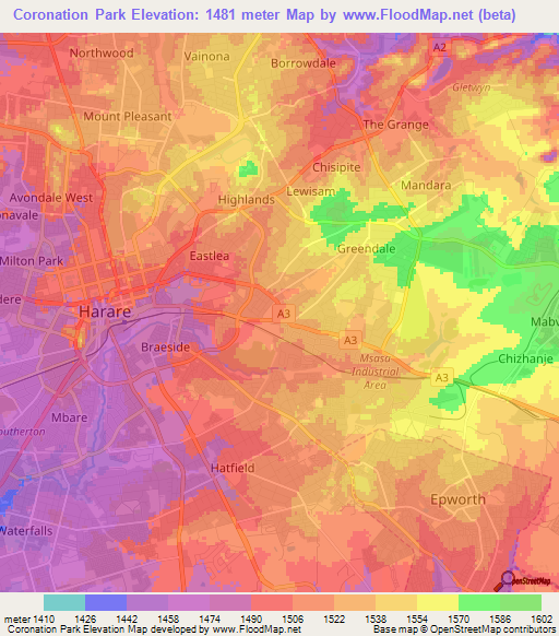 Coronation Park,Zimbabwe Elevation Map