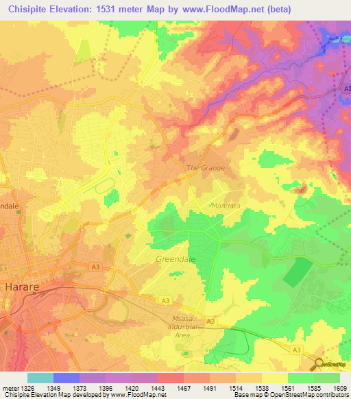 Chisipite,Zimbabwe Elevation Map