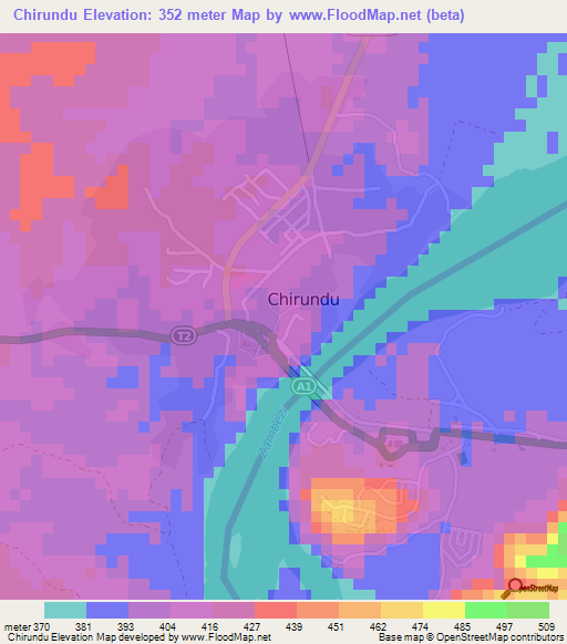 Chirundu,Zimbabwe Elevation Map