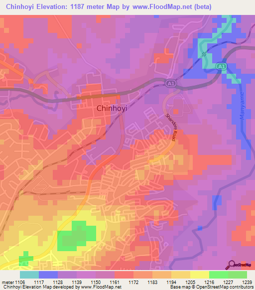 Chinhoyi,Zimbabwe Elevation Map