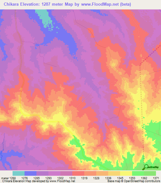 Chikara,Zimbabwe Elevation Map
