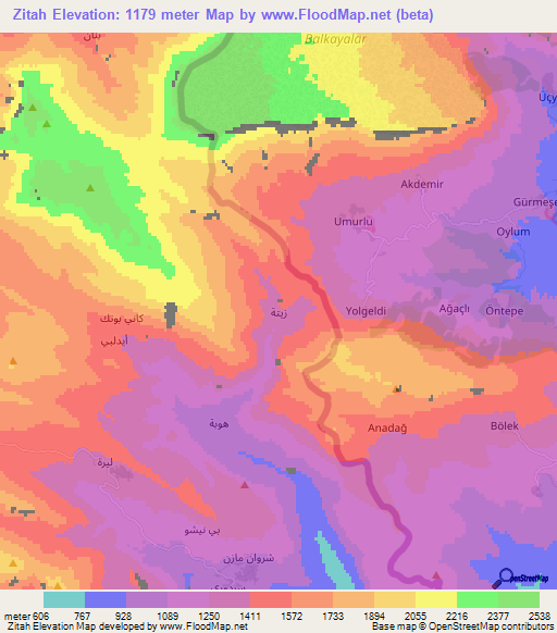 Zitah,Iraq Elevation Map