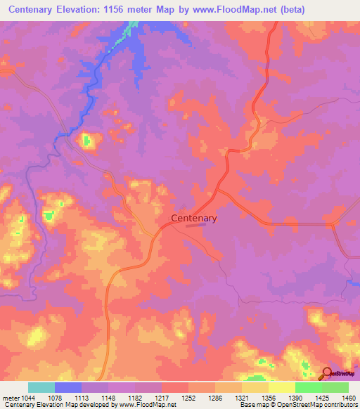 Centenary,Zimbabwe Elevation Map