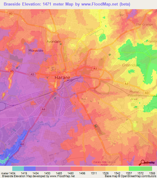 Braeside,Zimbabwe Elevation Map